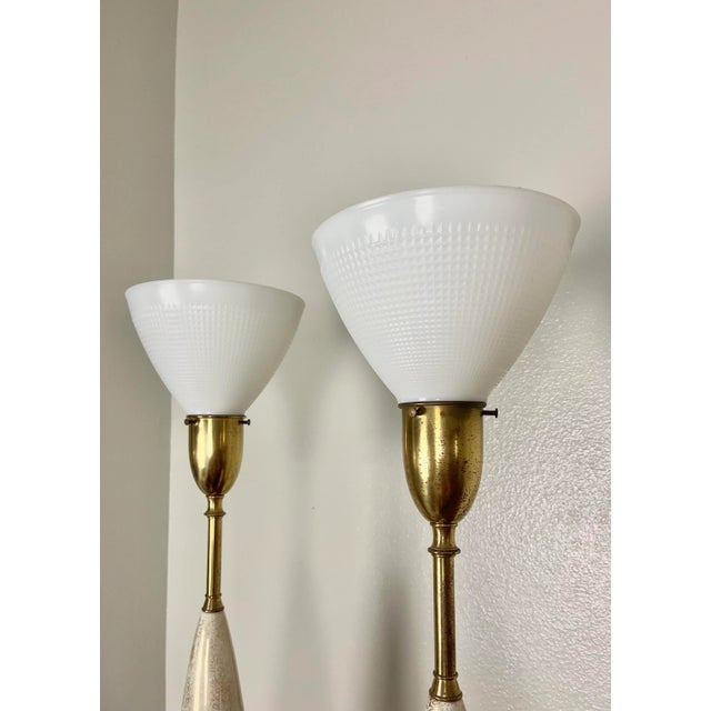 A Pair 1950s Harlequin Torch Table Lamps With Original Glass Domes | Porcelain + Brass For Sale - Image 12 of 12