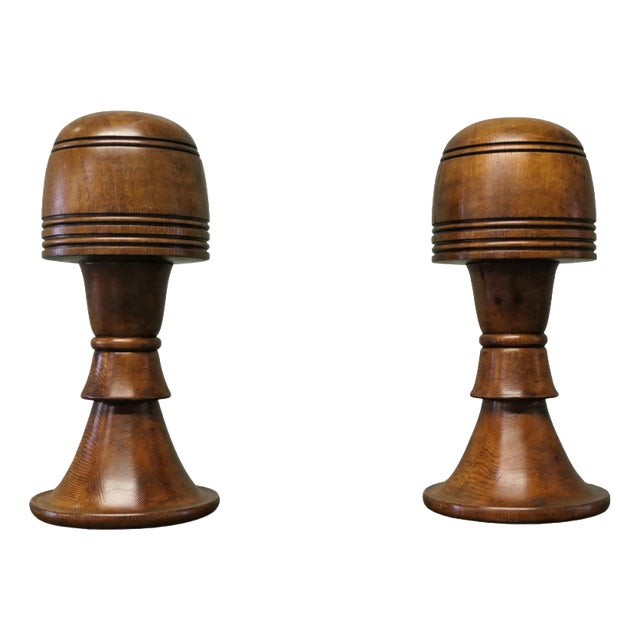 Large Turned Oak Wig Stands or Hat Displays, 1950, Set of 2 For Sale