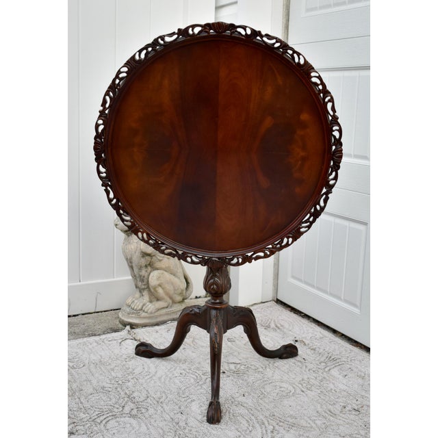 Wood Mahogany Tilt Top Table Vintage Chippendale Pie Crust Edge Pedestal 3 Leg For Sale - Image 7 of 13