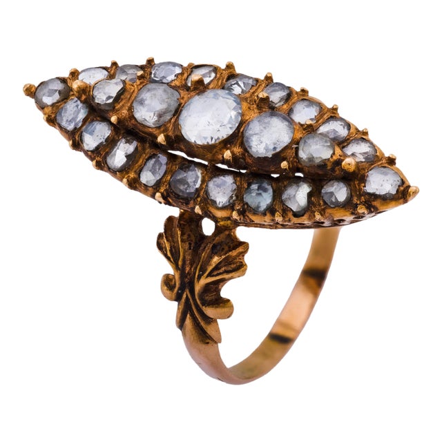 Late 19th Century Victorian 1.60 Carat Rose Cut Diamond 14k Rose Gold Navette Ring, Size 9 For Sale