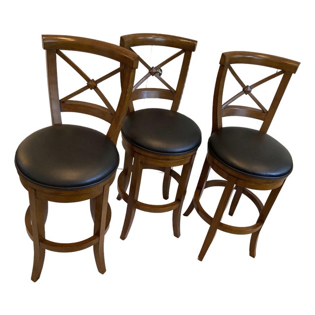 Frontgate Trio of Mahogany Neoclassic Style Barstools Black Leather Swivel Seats For Sale
