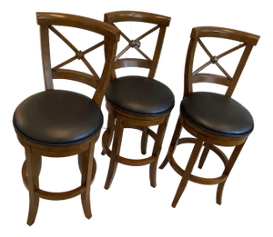 Frontgate Trio of Mahogany Neoclassic Style Barstools Black Leather Swivel Seats