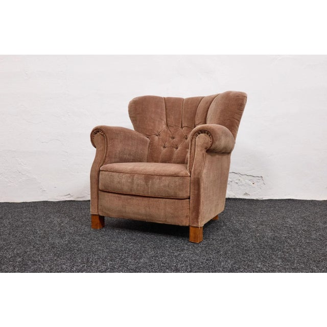 Vintage Danish Model 1518 Lounge Chair in Sand Beige Mohair Velvet from Fritz Hansen, 1940s For Sale - Image 9 of 18