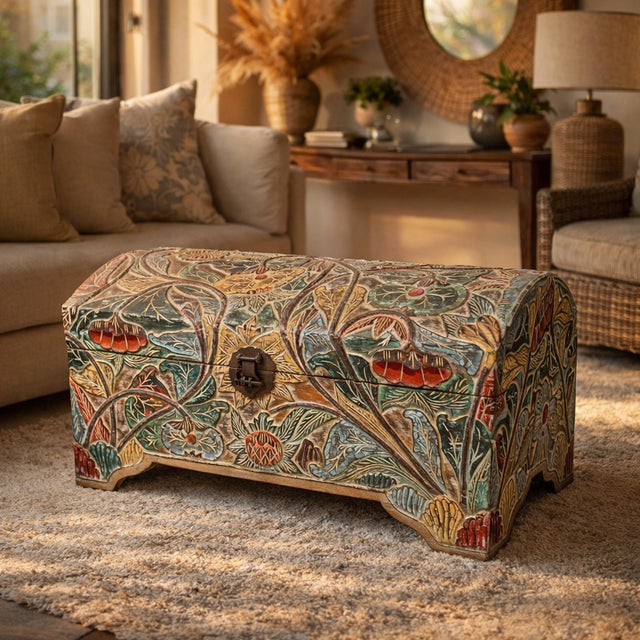 Rustic Hand-Painted Botanical Folk Art Teak Wood Storage Trunk – One-of-a-Kind Decorative Blanket Chest For Sale - Image 3 of 8