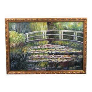 Japanese Bridge Claude Monet by S. Carthon Framed Canvas Oil Painting Gold Frame For Sale