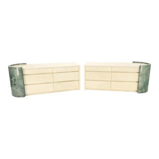 Two Part Side by Side Racetrack Buffed Lacquered Goatskin Dresser Credenza - A Pair For Sale