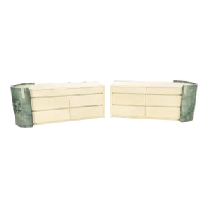 Two Part Side by Side Racetrack Buffed Lacquered Goatskin Dresser Credenza - A Pair