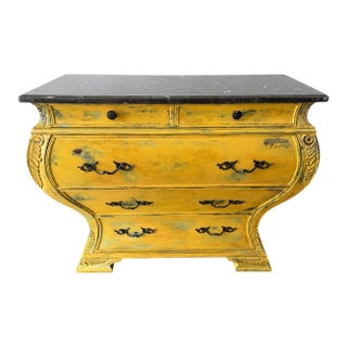 French Provincial Bombe Commode With Marble Top in Distressed Mustard Finish For Sale