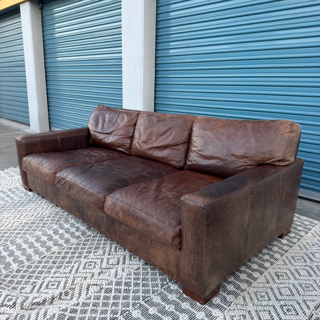 Restoration Hardware Restoration Hardware Genuine Top Grain Brown Leather Sofa For Sale - Image 4 of 18