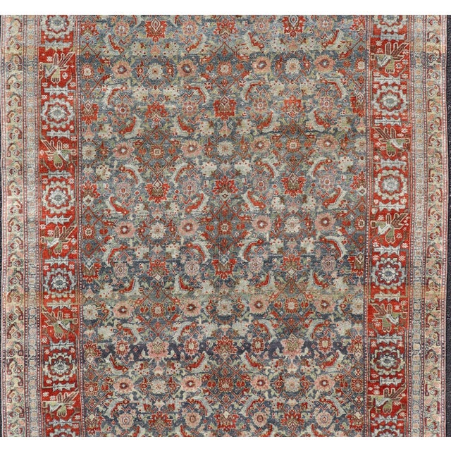 Measures: 6'0 x 11'2 Antique Persian Bidjar Gallery Rug with Blue-Grey Field and Red Herati Design. Keivan Woven Arts/...