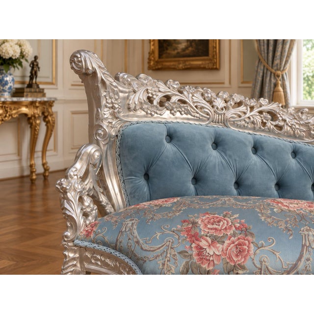 1970s French Artisan Louis XVI Silver Blue Settee For Sale - Image 6 of 18