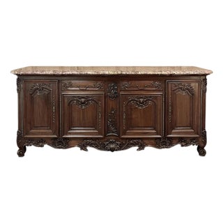 Grand Antique French Walnut Louis XIV Marble Top Buffet ~ Sideboard For Sale