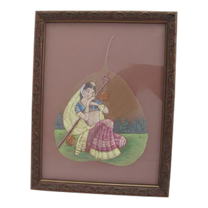 Indian Hand Painted Peepal Fig Leaf Painting of Female Musician Framed