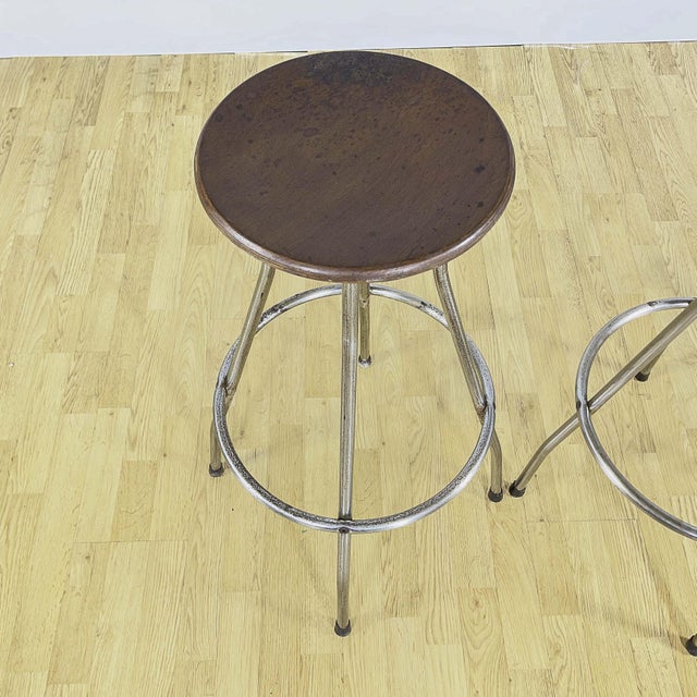 Industrial Stools in Tubular Steel and Plywood Seat, 1960s, Set of 2 For Sale - Image 7 of 9