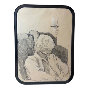 Vintage 1971 Original S Stirling Stylized Pencil Conte Drawing Sketch Elder Lady