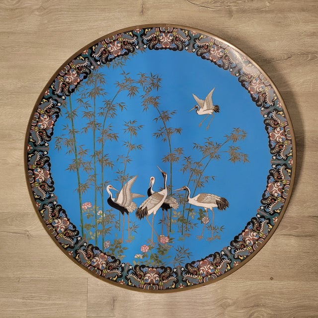 Japanese 24" Antique Japanese Cloisonne Charger With Cranes and Bamboo, Circa 1900–1920 For Sale - Image 3 of 9