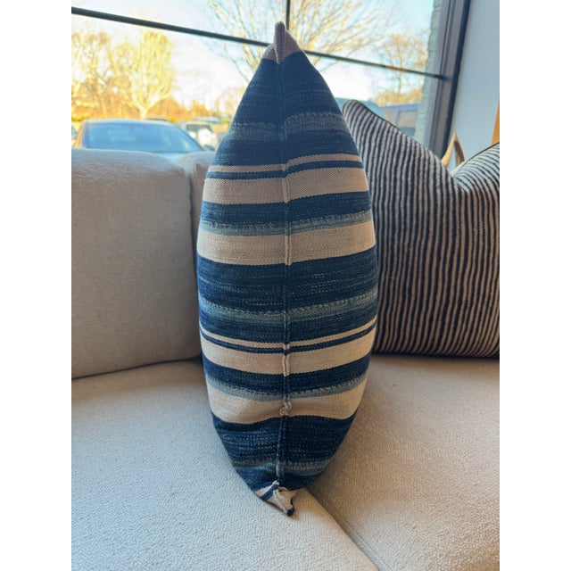 Navy Blue Pillow Made from Vintage Rustic African Blue Striped Textile For Sale - Image 8 of 10