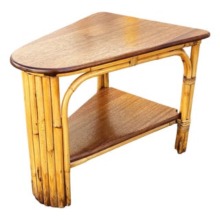 Restored Mid-Century Modern Rattan & Mahogany 7-Strand Vertically Stacked Rattan Wedge Table For Sale