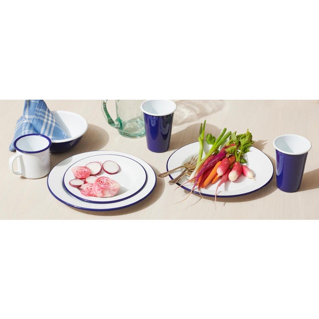 American Crow Canyon Home Enamelware, Vintage 8.25" Coupe Salad Plates in White with Blue Rim - Set of 4 For Sale - Image 3 of 6