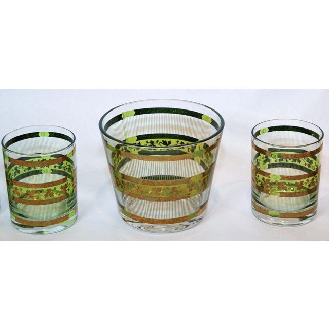 Vintage Culver Barware Cocktail Set Green and Gold Rock Glasses and Ice Bucket For Sale - Image 11 of 17