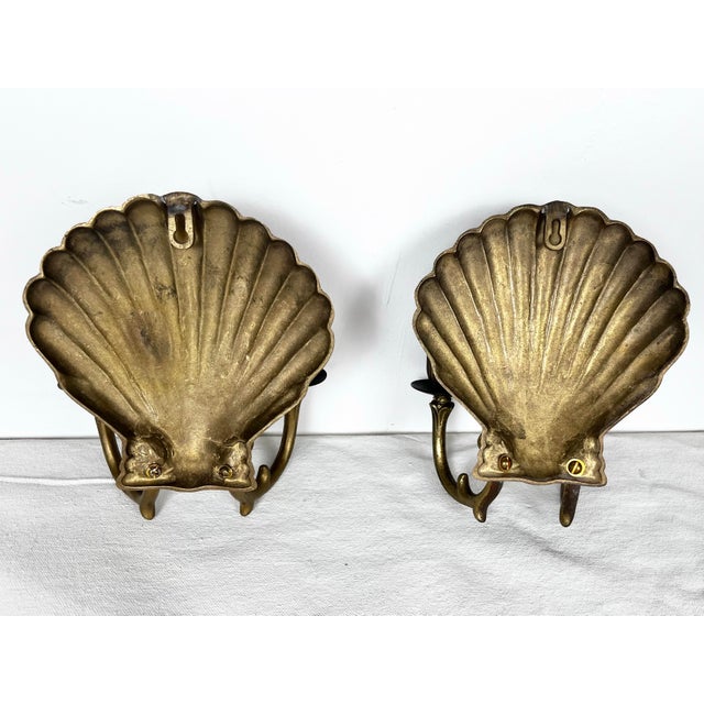 Mid 20th Century Vintage Brass Shell Candle Sconces- A Pair For Sale - Image 5 of 8