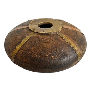 Antique India Wood & Brass Scallop Tobacco Container For Sale