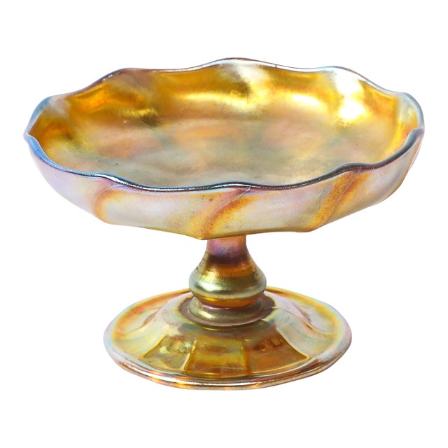 Art Nouveau Iridescent Yellow Blue Favrile Glass Footed Dish Signed Tiffany & Co For Sale