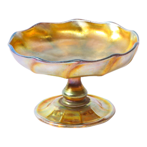 Art Nouveau Iridescent Yellow Blue Favrile Glass Footed Dish Signed Tiffany & Co