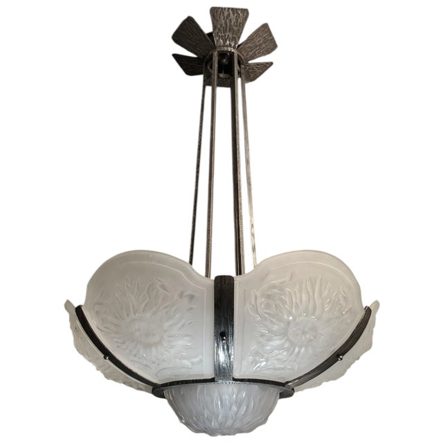 Early 20th Century Attributed to Val Saint Lambert Large & Rare Art Deco Chrysanthemum Chandelier in Hand Hammered Iron Pewtery Frame For Sale - Image 14 of 18