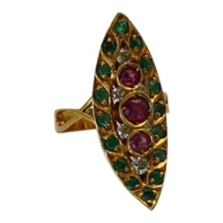 Early 20th Century Deco Ruby Emerald & Diamond 18k Pagoda Ring Size 6.5 For Sale