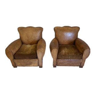 1940s Pair of French Leather and Velvet Club Chairs For Sale