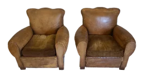 1940s Pair of French Leather and Velvet Club Chairs