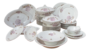 French Art Deco Porcelain Dinnerware Set with Mauve Flowers, 1930s, Set of 42