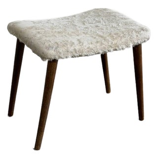 Vintage Danish Mid Century Modern Teak Vanity Stool With Sheepskin Upholstery For Sale