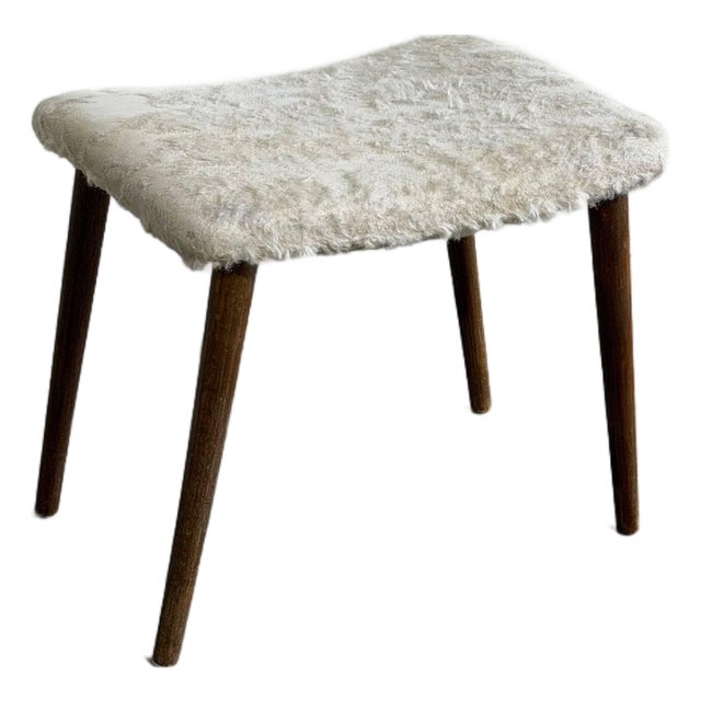 Vintage Danish Mid Century Modern Teak Vanity Stool With Sheepskin Upholstery For Sale