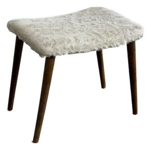Vintage Danish Mid Century Modern Teak Vanity Stool With Sheepskin Upholstery