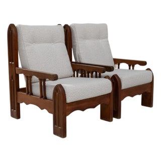 1970s French Brutalist Upholstered Armchairs with Carved Details - A Pair For Sale