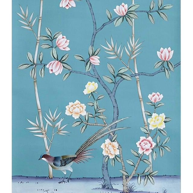 Chinoiserie Teal Blue Chinoiserie Mural | 3-Panel Hand-Painted Floral & Bamboo Wallpaper For Sale - Image 3 of 4