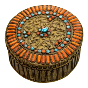 Antique Asian Tibetan Brass Filigree With Turquoise and Red Beads Ceremonial Box