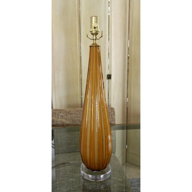 Metal Murano Italian Orange Ribbed Glass Table Lamp For Sale - Image 7 of 12