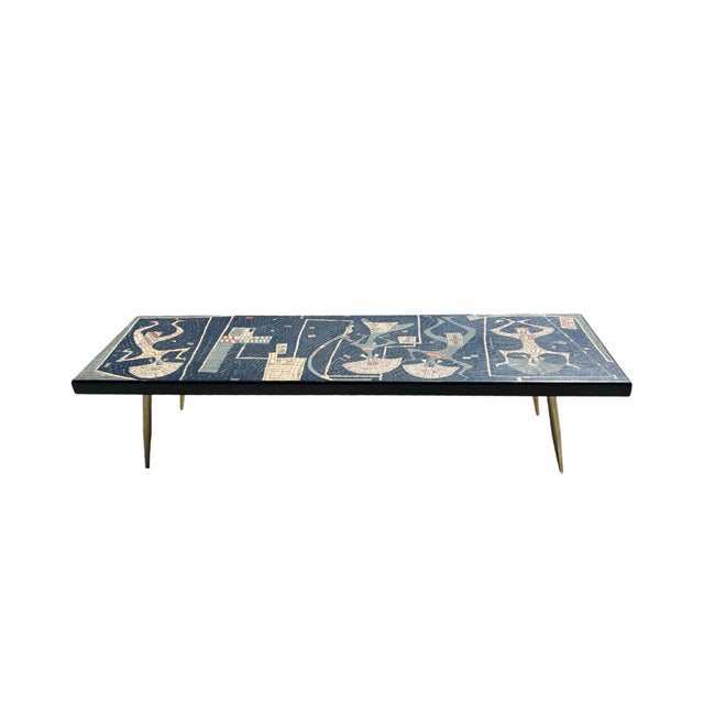 Wood Vintage Mid Century Modern Large Rare Aztec Mosaic Tile Art Coffee Table Wall Art Brass For Sale - Image 7 of 12