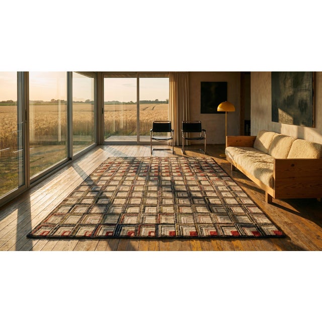 1890s Multicolor Dimensional Square Folk Art Antique American Hooked Rug 5'9" X 7' Handknotted Wool Carpet For Sale - Image 12 of 13