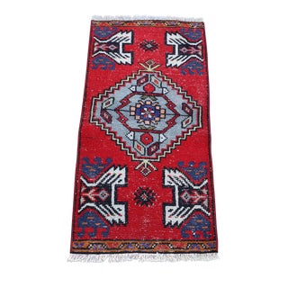 1970s Turkish Vintage Handmade Red Oushak Doormat Rug For Sale