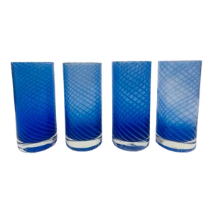 Cobalt Blue Drinking Glasses Set of 4 Spiral Tumblers 1980s