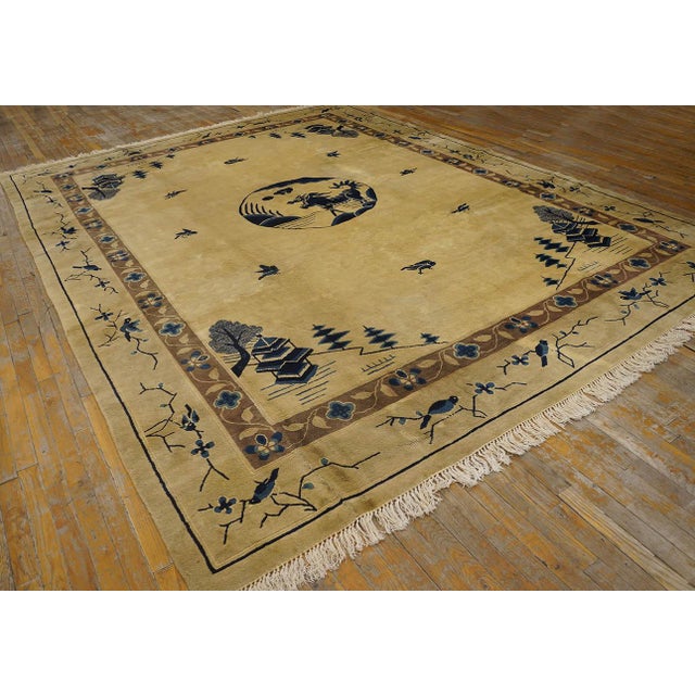 Chinese Wonderful Beige Background Color With a Dog in the Centre Chinoiserie Pattern Antique Chinese Peking Rug For Sale - Image 3 of 5