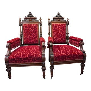 Pair of Mid 20th Century Eastlake Red Velvet Floral Captain's Chairs With Tufted Arms For Sale