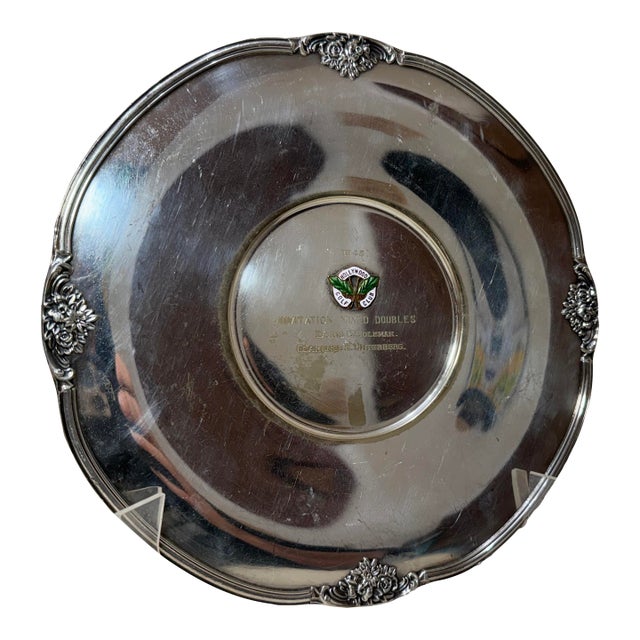 Vintage 1943 Art Nouveau Hollywood Gold Club Mixed Doubles Silveplate Trophy Charger Plate For Sale