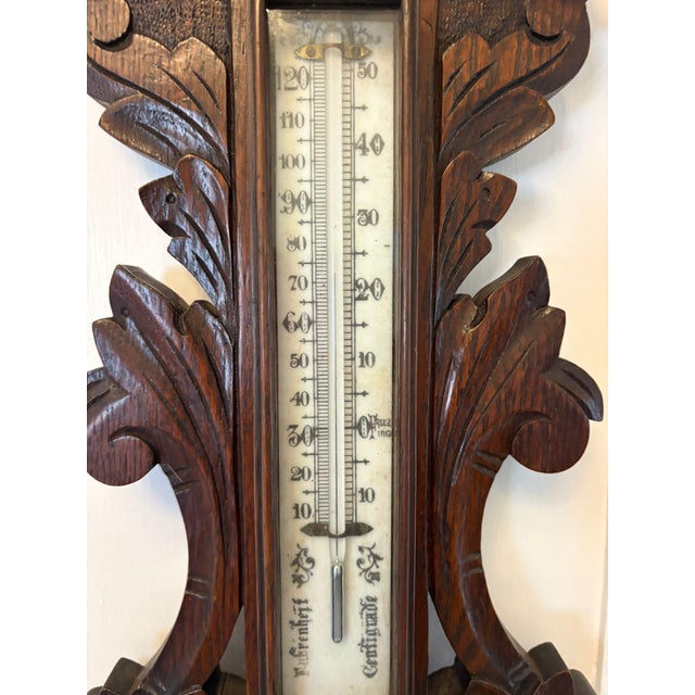 Antique Carved Oak Aneroid Barometer with Thermometer, 1890 For Sale - Image 10 of 11