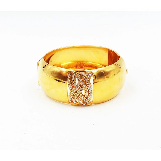 Vintage 1980s Signed Bijoux Cascio Italy Goldtone Clear Rhinestone Cuff Bracelet For Sale - Image 4 of 9