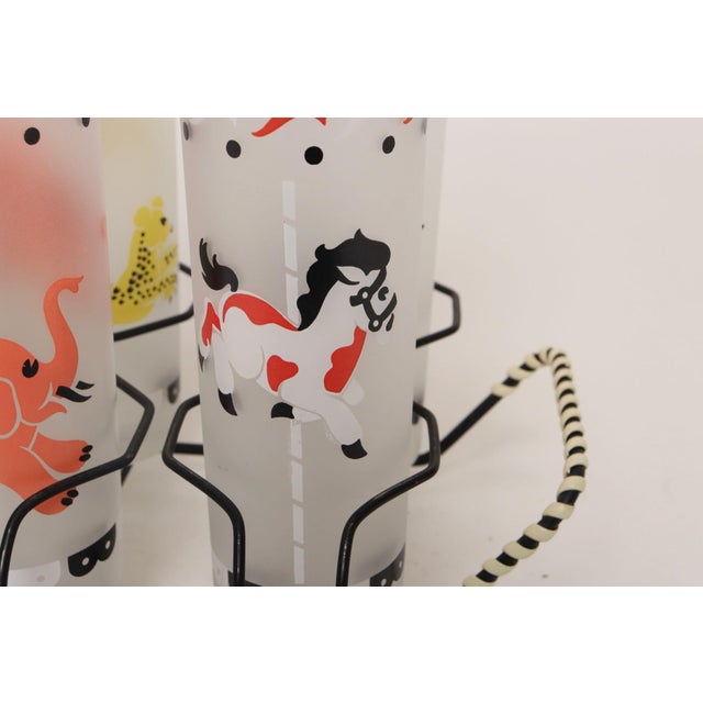Set of Eight Vintage Frosted Glasses With Animal Carousel Motif by Libbey With Carrier For Sale - Image 14 of 18